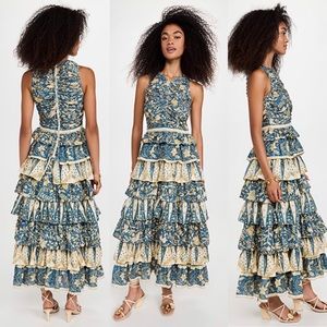 Ulla Johnson Blue and Cream Tiered Ruffled Maxi Dress